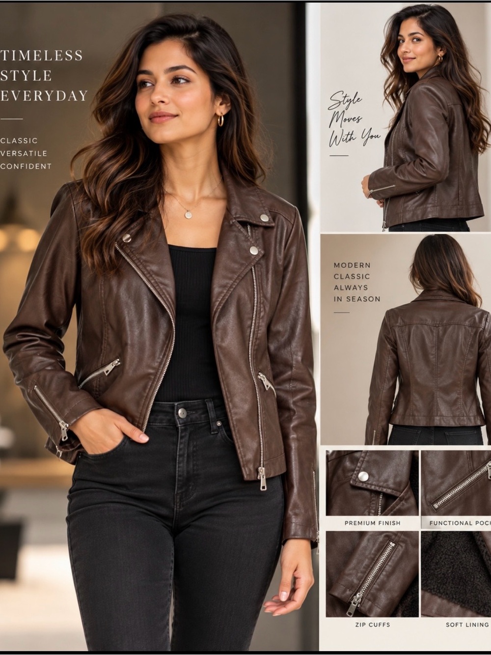 Baccini Women’s Brown Sherpa Lined Faux Leather Moto Jacket M NWT